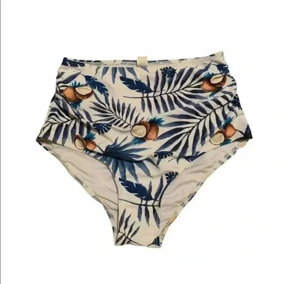 Tropical Blue and White Coconuts Swim Bottoms S - Picture 1 of 6